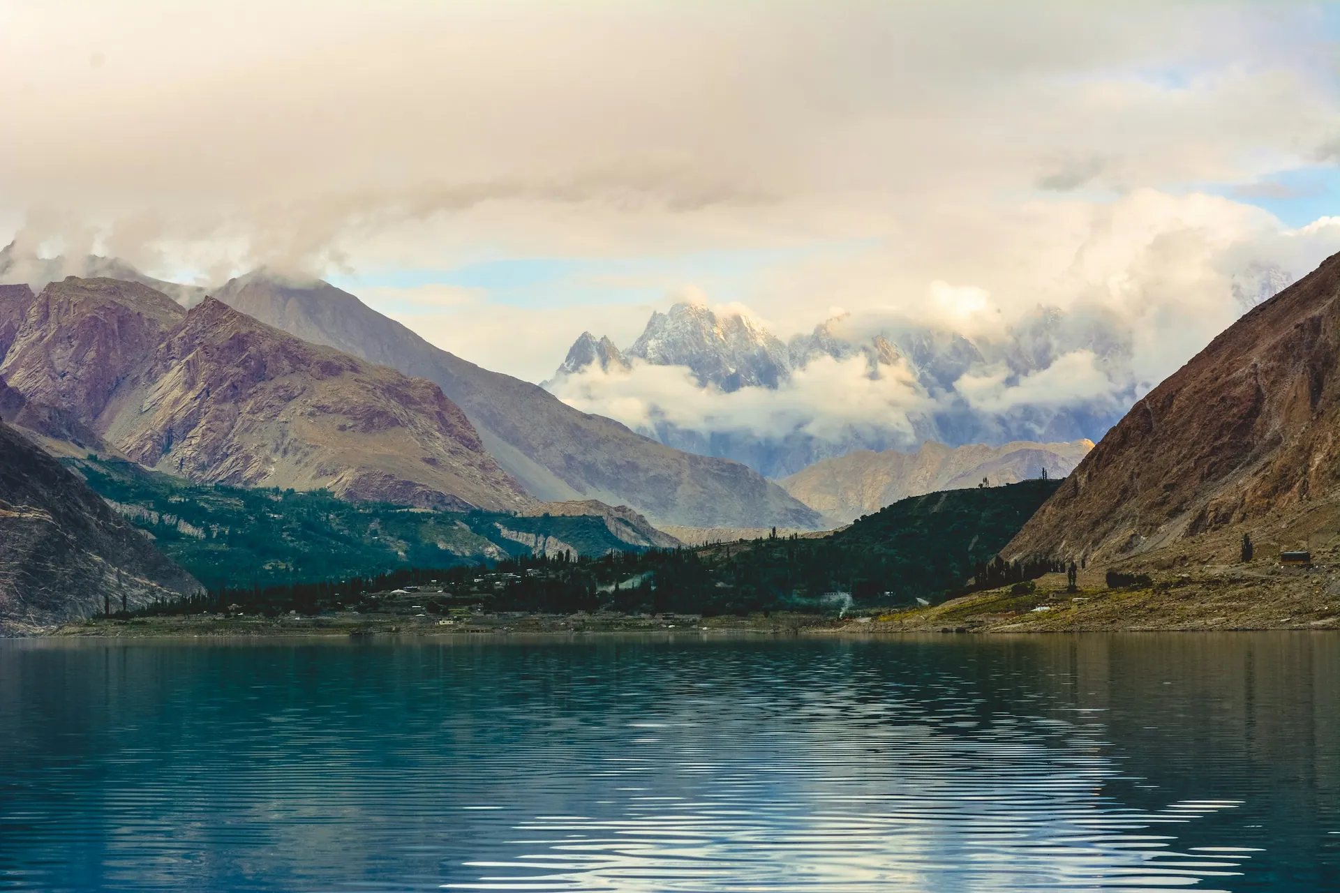 Mountain peaks reflected in a lake in northern Pakistan